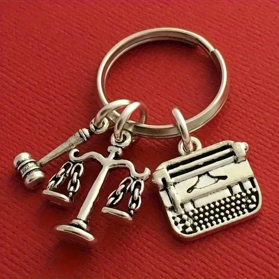 Men's Lawyer Justice Keychain, Zinc Alloy Pendant Backpack Keychain With Hammer, Scale, And Typewriter