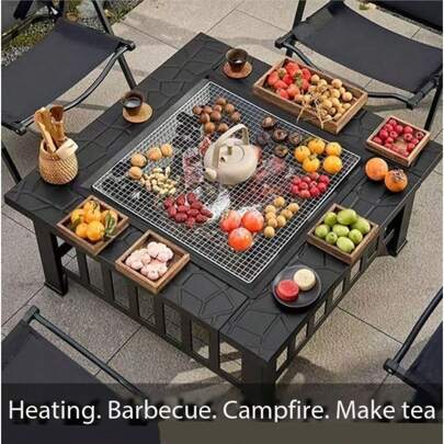 Premium stor fyrkantig grill och eldstad - 2-i-1 utomhusvärme och grillning för julfester, trädgårdsfester, tekokning vid lägerelden med hopfällbar design - Lyxigt värmebord för uteplats