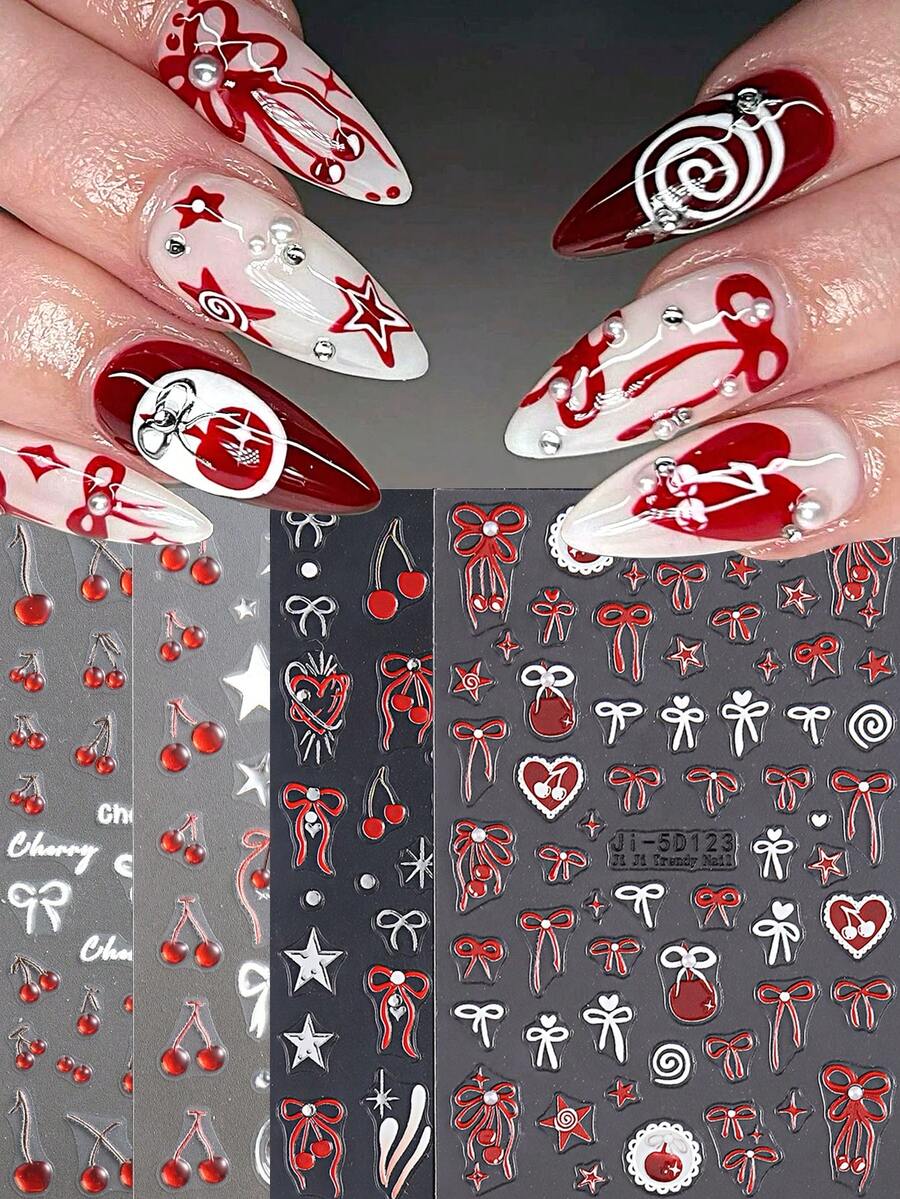 4 Gói Nhãn Dán Nghệ Thuật Móng Tay Kawaii Cherry Bow 5D, Màu Đỏ Và Trắng Dễ Thương Với Kim Cương Giả Ngọc Trai Nơ Ngôi Sao Trái Tim Nổi Hoa Văn Dễ Thương Tiệc Y2K Giáng Sinh Móng Tay Nghệ Thuật Trang Trí DIY Tự Dính Miếng Dán Trượt Đồ Dùng Nghệ Thuật Làm Móng - Nhiều màu - Xem 1