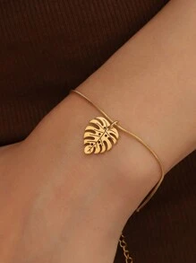 1 件优质海洋度假风不锈钢椰子龟背竹蝴蝶圆蛇女士手链，适合日常佩戴、礼物、时尚配饰 - 金黃色 - 查看 11