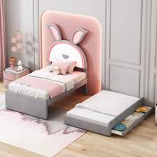 okwish Lit enfant 90 x 200 cm, canapé-lit simple rembourré multifonctionnel en tissu velours avec lit gigogne, tiroirs de rangement et lumière LED à couleur changeante