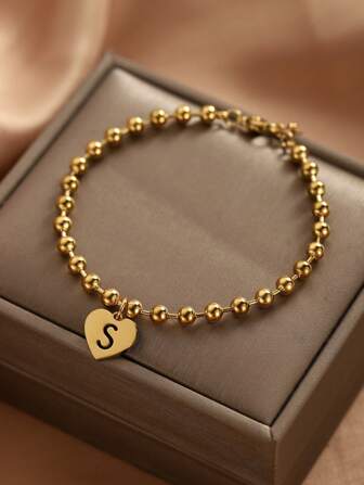 26pcs Initial Letter Beaded Bracelet, Stainless Steel Gold Color Heart Shaped Letter Bracelet For Daily Wear Valentines,Mom,Mother,Mother's Day,Gift