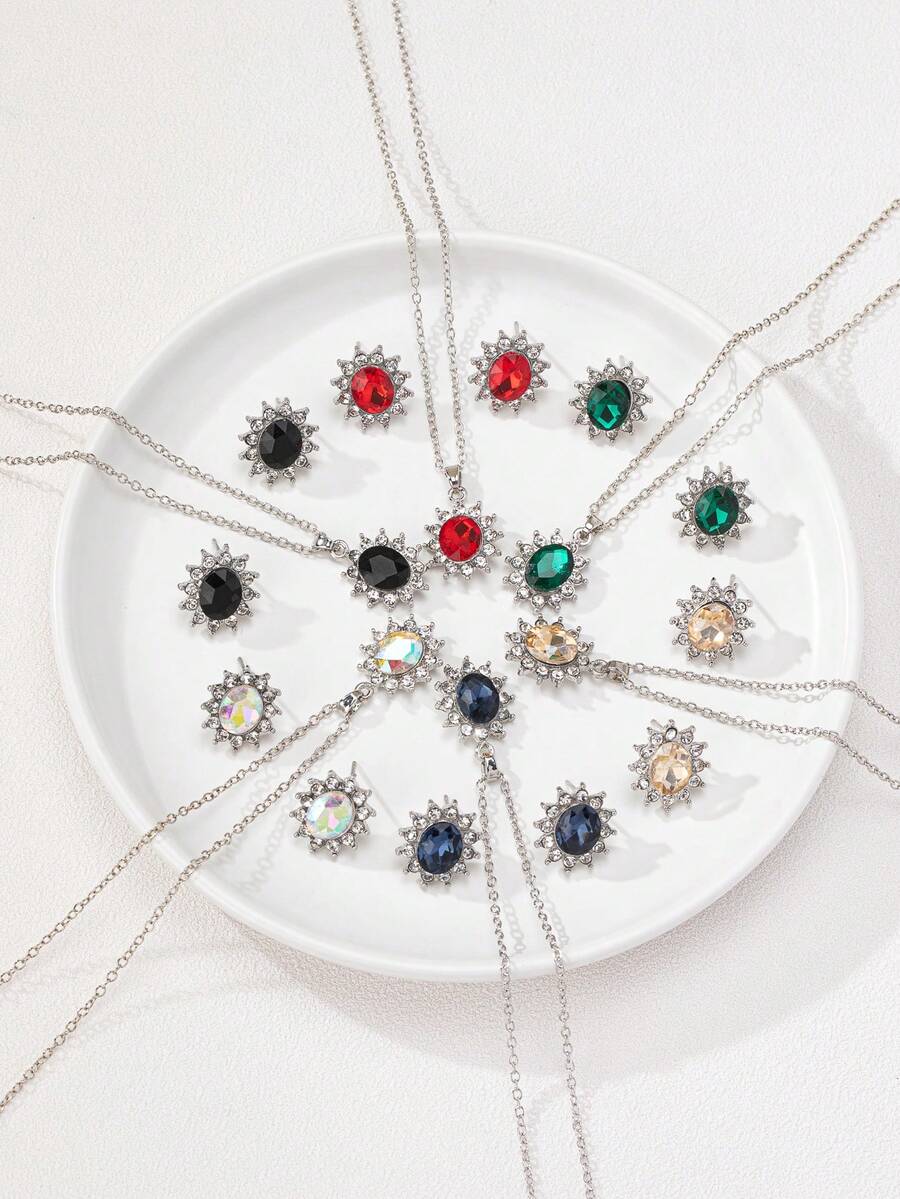 3 piezas/set de aretes y collar elegantes con girasol: diseño de esmeralda y cristal lujoso, adecuado para uso diario y ocasiones especiales - conjunto de joyas - Ver 1