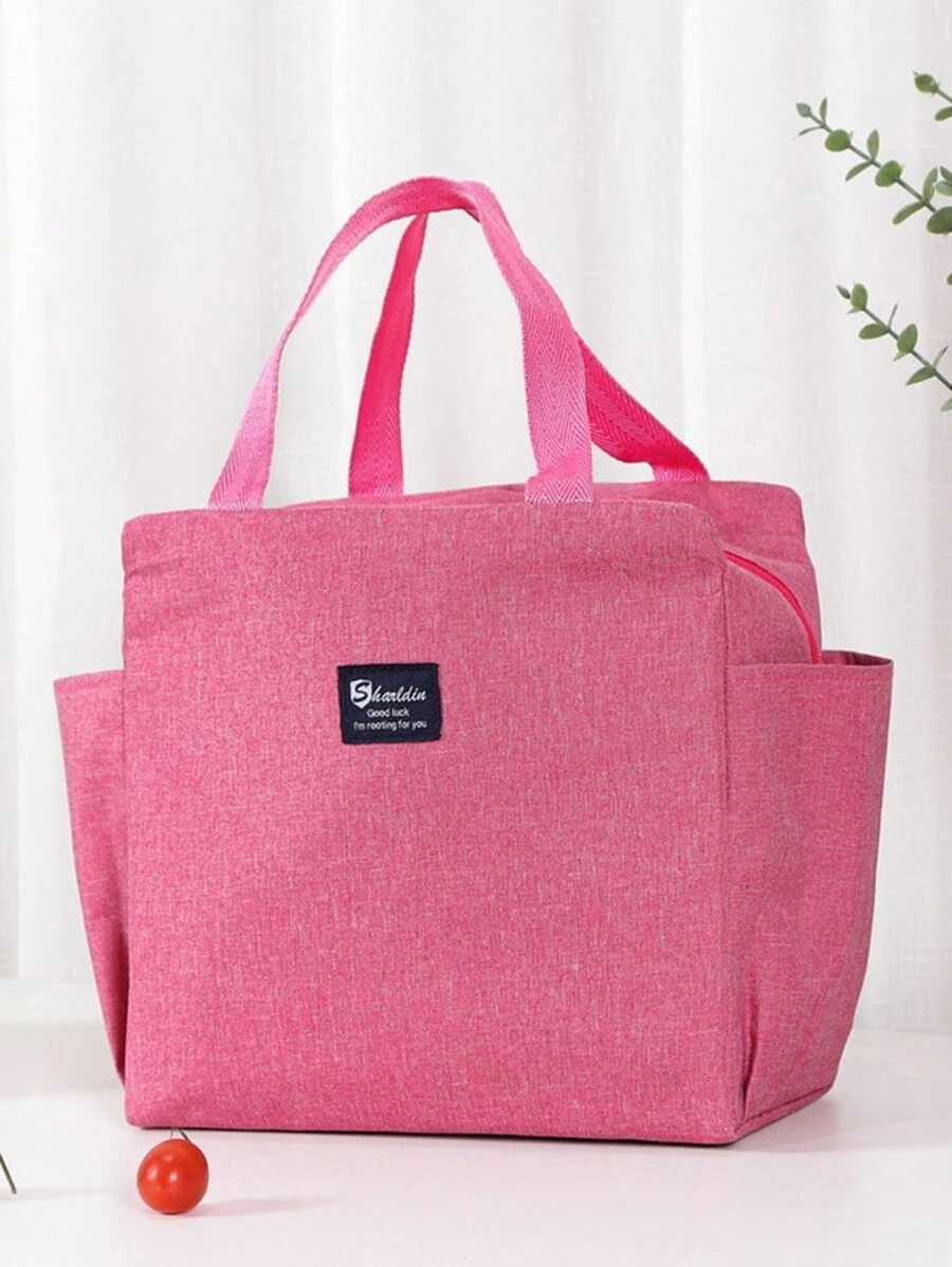 1pc Large Capacity Insulated Lunch Bag With Dual Pockets, Random Color - Hot Pink - View 1