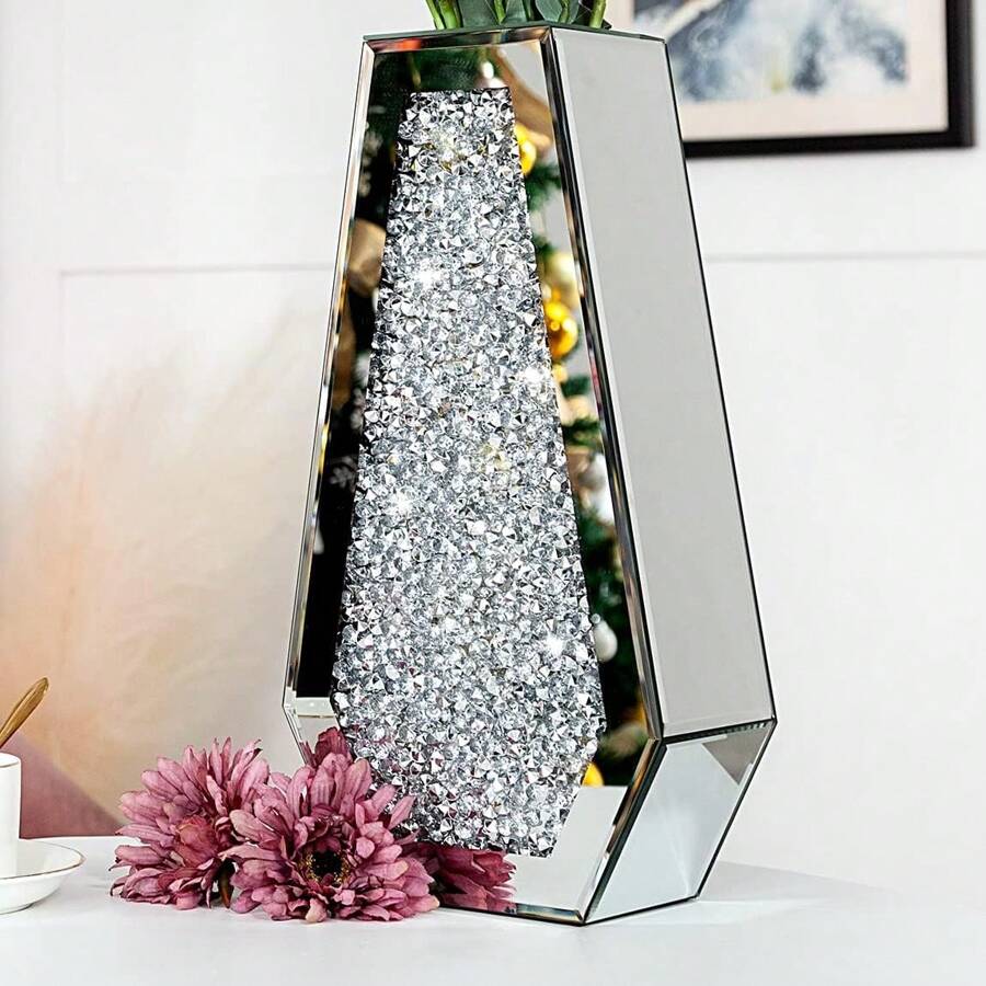 Crushed Diamond Mirrored Flower Vase Large Glass Vase Modern Crystal Decorative Mirror Vases Stunning Luxury Tall Floor Vase For Centerpieces Flowers Home Decor, Silver Black Gold, 14" H. Can't Hold Water. - Bạc - Xem 1