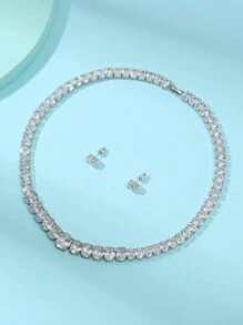 1 套/3 件欧洲时尚锆石项链和耳环套装，优雅珠宝套装，适合女士婚礼/派对