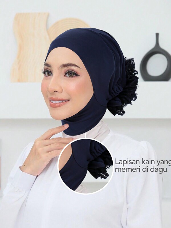 1pc Lace Up Adjustable Undercap Solid Color Elastic Turban Hats Lightweight Beanies Breathable Head Wraps  Inner Hijab Hat For Women