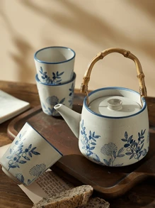 Juego de té de 5 piezas - Tetera estilo japonés pintada a mano, hervidor de agua frío, tetera con colores vivos para infusión, tazas de té de cerámica vintage rústica, set de té para regresar a la escuela