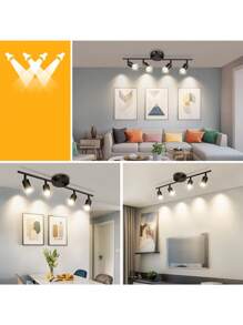 4 accesorios de iluminación de riel de luz, Kit de iluminación LED de techo negro con cabezales de pista flexibles giratorios, Iluminación de techo ajustable para cocina, Comedor(Bombilla no incluida) - Negro - Ver 2