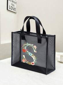 大容量时尚网眼手提包, 刻字装饰网眼包, 沙滩包, 沙滩包, 适合海滩度假收纳购物, 刻字花卉图案自然元素老师答谢礼物, 女士大容量手提包, 暑假包, 旅行必备, 字母印花时尚教师手提包, 学校礼物, 婚礼节日礼品袋, 派对包礼品袋, - 黑色 - 查看 24