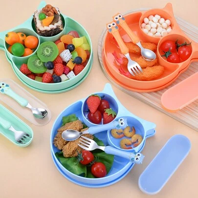 Set de vajilla para bebé de 3 piezas/set, de acero inoxidable con forma de búho, incluye plato, cuchara, tenedor con estuche de almacenamiento