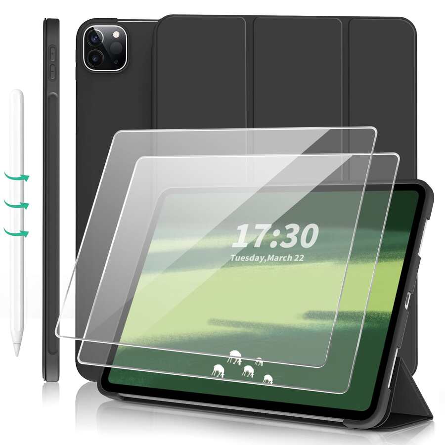[3 合 1] 1 个 iPad 保护壳和 2 个屏幕保护膜兼容 iPad，高清钢化玻璃屏幕保护膜防刮，柔软防摔保护平板电脑保护壳，超薄/智能支架/自动唤醒保护壳兼容 iPad 兼容 iPad 第 9 代/iPad 第 10 代（黑色）