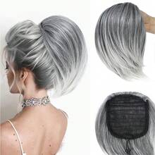 Short Drawstring Ponytail Hair Extension,10 Inch Straight Bun Pony Tails Extensions Natural Fake Ponytail Hairpieces For Women-Black Mix Gray - Multicolor - View 1