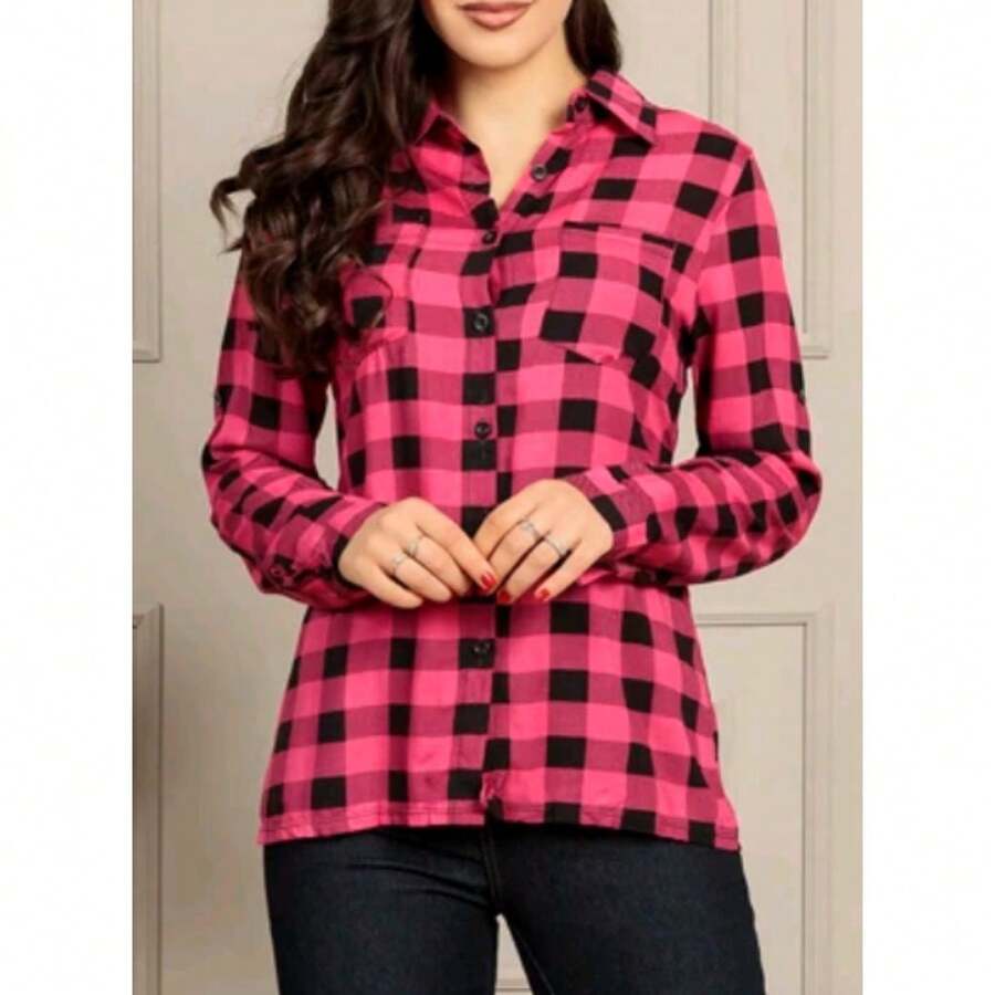 Women's Long Sleeve Plaid Button Down Shirt - Hồng - Xem 1