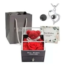 Rosa Y Oso Eterno+collar Te Amo 100 Idiomas - Rojo - Ver 3