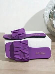 Wide Width Women Fashion Square Toe Pleated Purple Flat Sandals, PU Summer Holiday Slippers