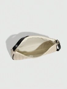 1pc Straw & PU Leather Combination Minimalist Versatile Small Shoulder/Underarm Bag, Stylish Baguette Woven Bag For Women - Black - View 7