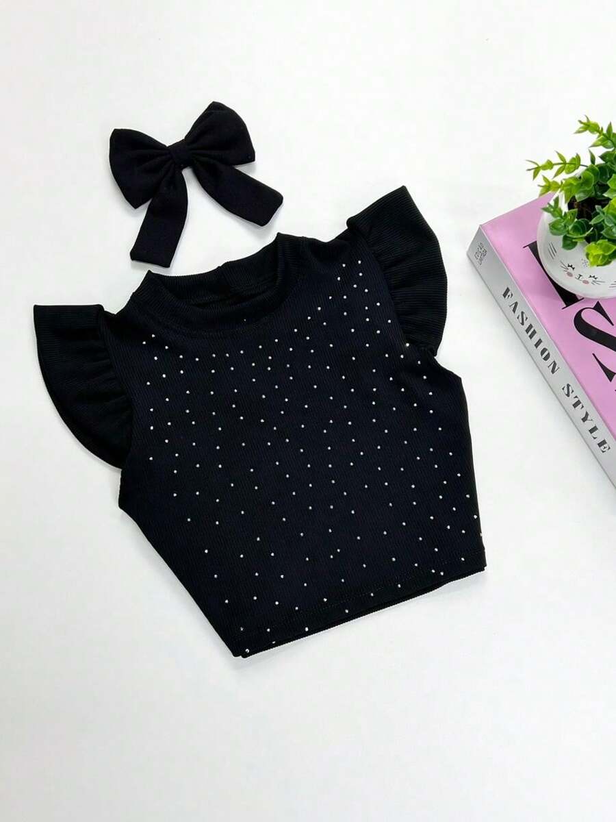 Women's Shiny Cropped Blouse Ribbed Children's Fashionable Summer Mini Diva Blogueirinha - màu đen - Xem 1