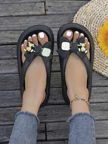 Summer Beach Vacation Thick Sole Non-Slip Plastic Slippers, Minimalist Casual Thong Sandals For Ladies, Random Butterfly Print DIY Bow Slides - 黑色 - 查看 4
