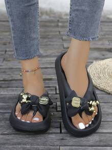 Summer Beach Vacation Thick Sole Non-Slip Plastic Slippers, Minimalist Casual Thong Sandals For Ladies, Random Butterfly Print DIY Bow Slides - 黑色 - 查看 3