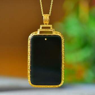 1pc Natural Black Gemstone Peace Necklace Set Pendant, Black Gemstone Gold Plated Inlay, Gold Jade Fashion Jewelry, Fashion Jewelry, Women's Necklace Jewelry, Gem Necklace, Holiday Gifts, Gifts For Her.