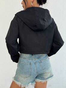 1pc Fashionable Casual Girl Hooded Zip-Up Embroidered Short Jacket - Black - View 2