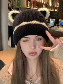 1 件女士针织无檐便帽，带可爱耳朵，冬季和滑雪情人节的温暖头饰 - 彩色 - 查看 14
