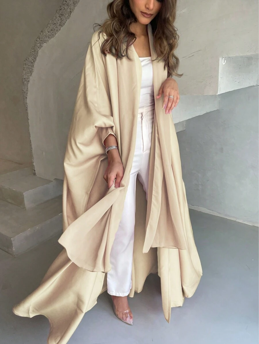1 pieza Vestido de unicolor estilo mujer, tela de satén, elegante cárdigan bata abaya, apto para la vida diaria, festivales, reuniones, viajes al aire libre, fotografía - Beis - Ver 1