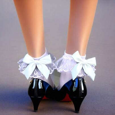 1 Pair Women's Sexy White Velvet 100D Lace Trim Short Socks With Black & Red Bow
