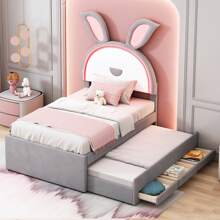 okwish Lit enfant 90 x 200 cm, canapé-lit simple rembourré multifonctionnel en tissu velours avec lit gigogne, tiroirs de rangement et lumière LED à couleur changeante