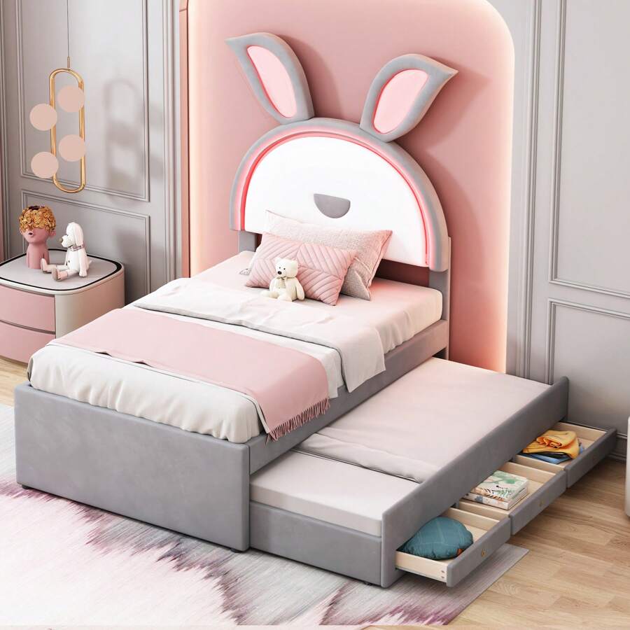 okwish Lit enfant 90 x 200 cm, canapé-lit simple rembourré multifonctionnel en tissu velours avec lit gigogne, tiroirs de rangement et lumière LED à couleur changeante
