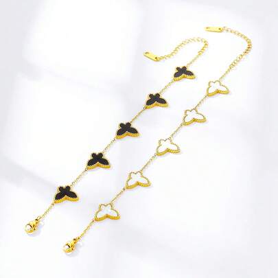 1 pieza Pulsera de acero inoxidable chapada en oro de 18K con concha de lujo, joyería de pareja de moda, elegante para boda, fiesta, regalo de cumpleaños, estilo minimalista. Collar de trébol de la suerte de doble cara de nácar de diseño único, cadena de clavícula de alta gama