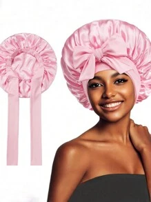 1 件女士粉色弹力绑带长缎面丝绸帽子发帽卷发裹发睡帽适合长发、辫子、脏辫、卷发丝绸帽子缎面帽子蝴蝶结