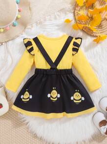 嬰兒女童長袖黃色連體衣，帶蜜蜂印花吊帶裙，秋冬季節 - 彩色 - 查看 2