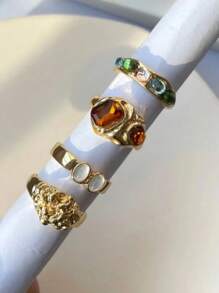 1set Retro Fashionable Colorful Resin Rings For Women