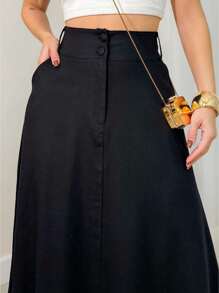 EMILI Women's Tricolino Midi Skirt With Front Closure On Two Buttons And Belt Loop - màu đen - Xem 3