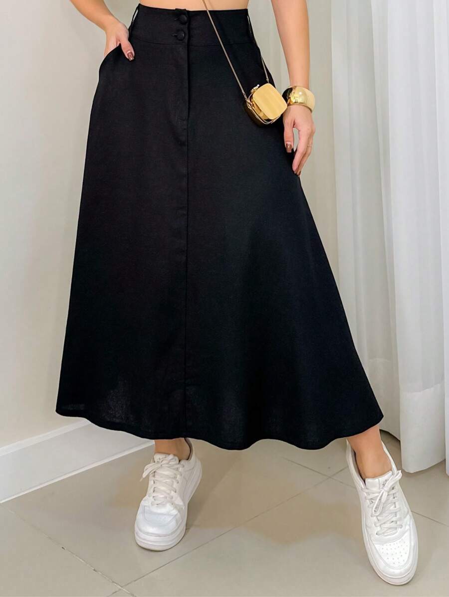 EMILI Women's Tricolino Midi Skirt With Front Closure On Two Buttons And Belt Loop - màu đen - Xem 1