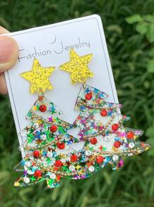 1 Pair Of European And American Christmas Jewelry Sweet Cartoon Design Bell Star Sequin Christmas Tree Acrylic Earrings Female Earrings