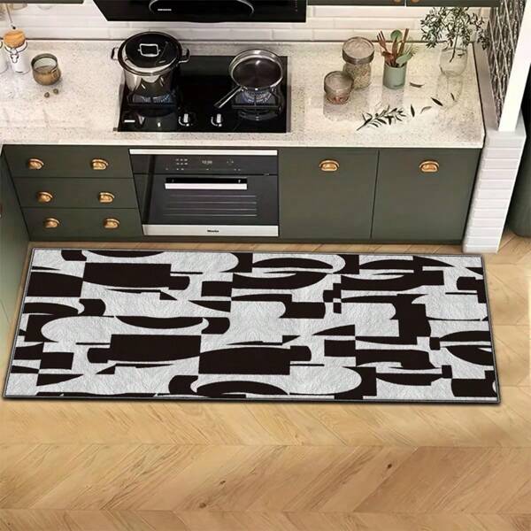 1pc Plush Velvet & Washed Canvas Patchwork Rug, Simple Black And White Pattern, Suitable For Kitchen, Dining Room, Soft And Easy Care Floor Mat