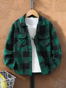 Boys' Plaid Shacket, Classic Collared Long Sleeve Plaid Shirt, Fashionable For Spring & Summer