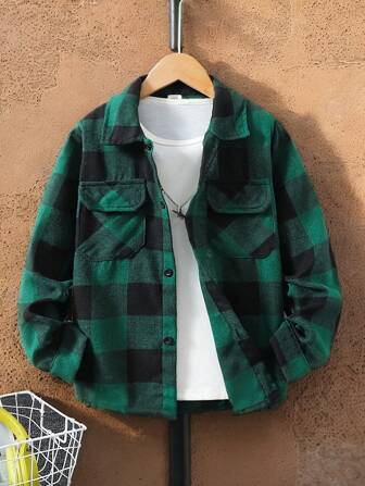 Boys' Plaid Shacket, Classic Collared Long Sleeve Plaid Shirt, Fashionable For Spring & Summer
