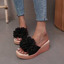 Sandalias de playa con decoración floral, suela de cuerda de lino sintético para mujer. Zapatos de plataforma y cuña negros de moda casual, para todas las estaciones - Negro - Ver 5