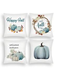 4 pièces/1 pièce Taie d'oreiller décorative imprimée avec lettre et vigne de citrouille de récolte d'automne, housse de coussin de décoration de maison pour le Jour de Action de grâce