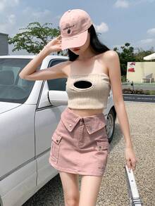 女性休閒卷腰工作服口袋牛仔裙