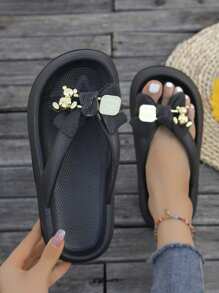 Summer Beach Vacation Thick Sole Non-Slip Plastic Slippers, Minimalist Casual Thong Sandals For Ladies, Random Butterfly Print DIY Bow Slides - 黑色 - 查看 5