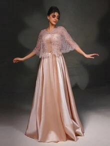 Nuevo chal de trabajo pesado, elegante y sofisticado vestido dorado de noche - Dorado - Ver 4