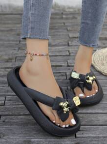 Summer Beach Vacation Thick Sole Non-Slip Plastic Slippers, Minimalist Casual Thong Sandals For Ladies, Random Butterfly Print DIY Bow Slides - 黑色 - 查看 2