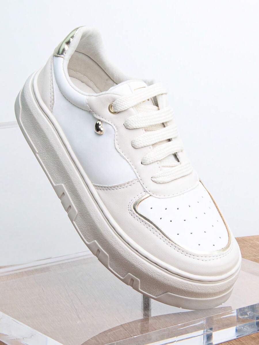 Comfortable Women's Casual Sneakers Beige With White And Gold - Bege e Dourado - Xem 1