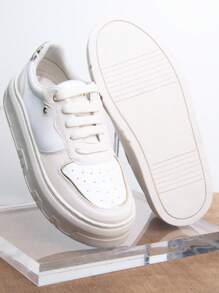 Comfortable Women's Casual Sneakers Beige With White And Gold - Bege e Dourado - Xem 3