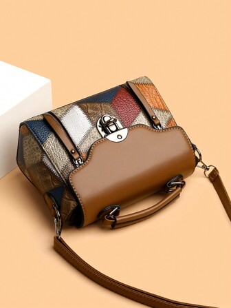 Retro Minimalist Flip-Lock Metal Decor Handbag, Convertible Women Shoulder Crossbody Bag, Vintage Bag For Women